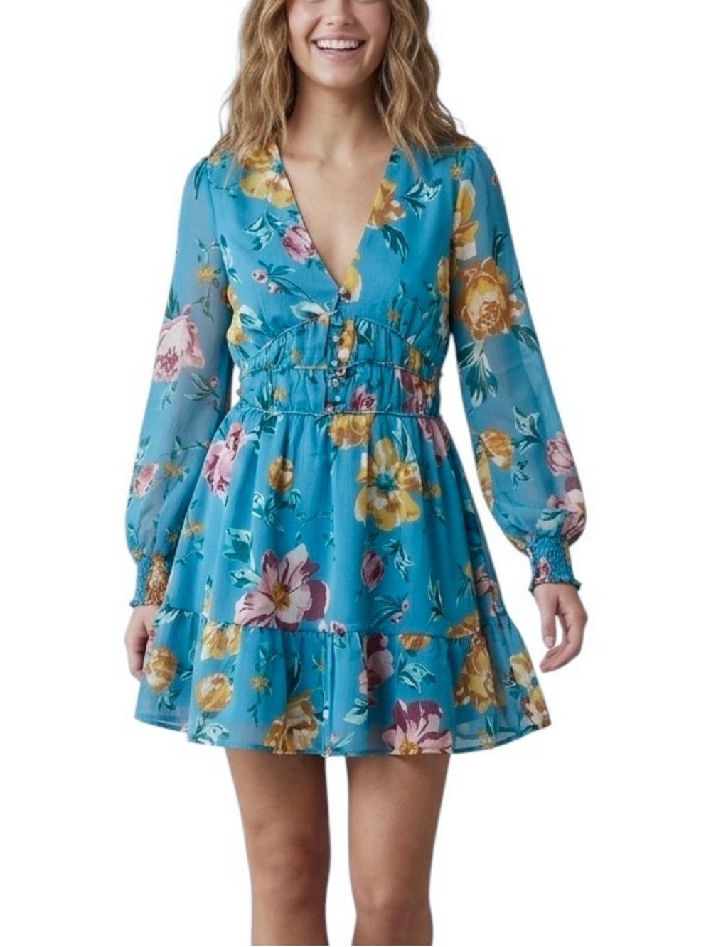 PATRONS OF PEACE New Floral Flowy Mini Dress Long Sleeve Smocked Frilly Medium